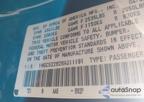 2008 Honda Accord 3.5 Ex-L from USA, damaged, VIN 1HGCS22828A011191